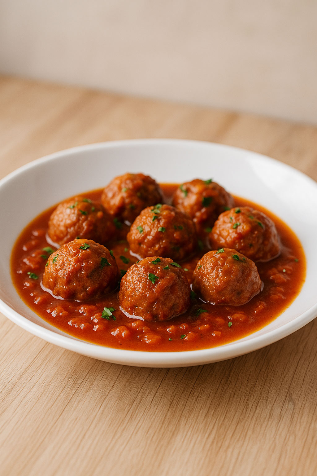 Albóndigas en salsa de tomate caseras servidas en plato blanco sobre mesa de madera clara