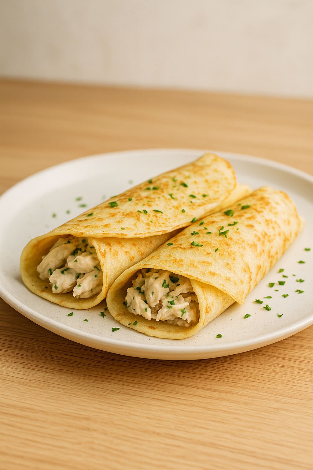 Crepes rellenos de pollo casero servidos en plato blanco sobre mesa de madera clara