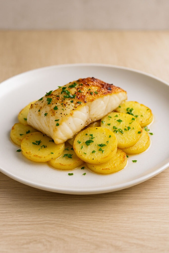 Merluza al horno con patatas servida en plato blanco sobre mesa de madera clara