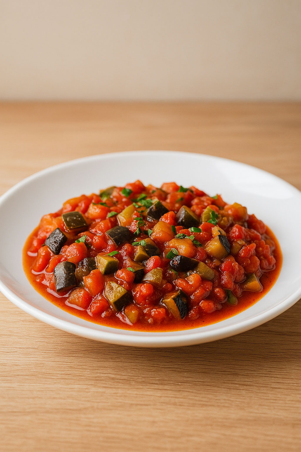 Pisto manchego de verduras servido en plato blanco sobre mesa de madera clara