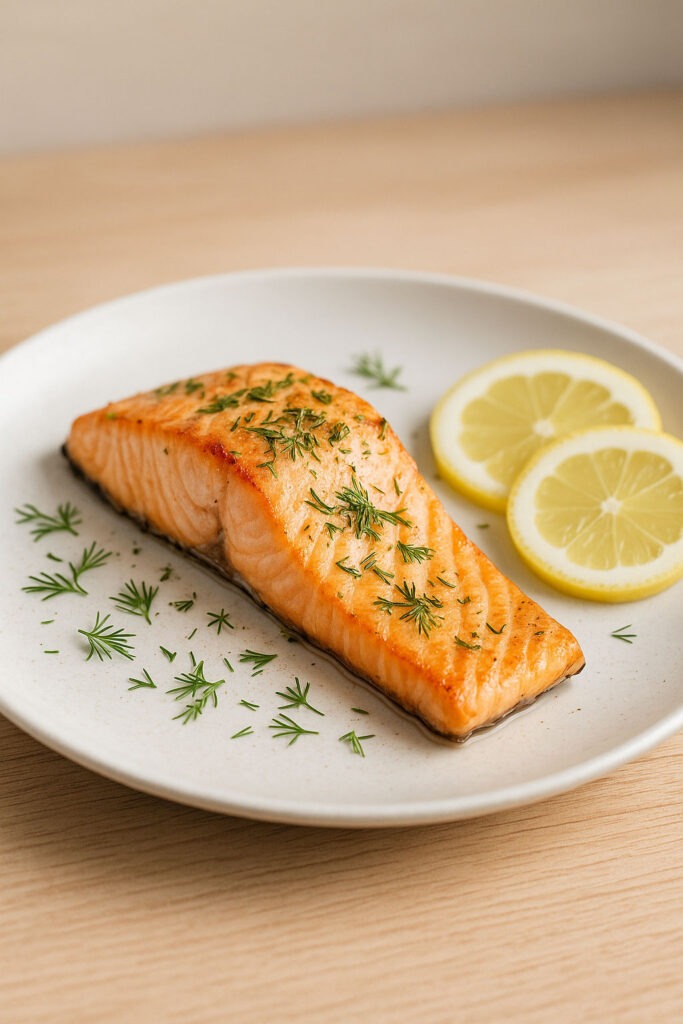 Salmón a la plancha con eneldo y limón servido en plato blanco sobre mesa de madera clara