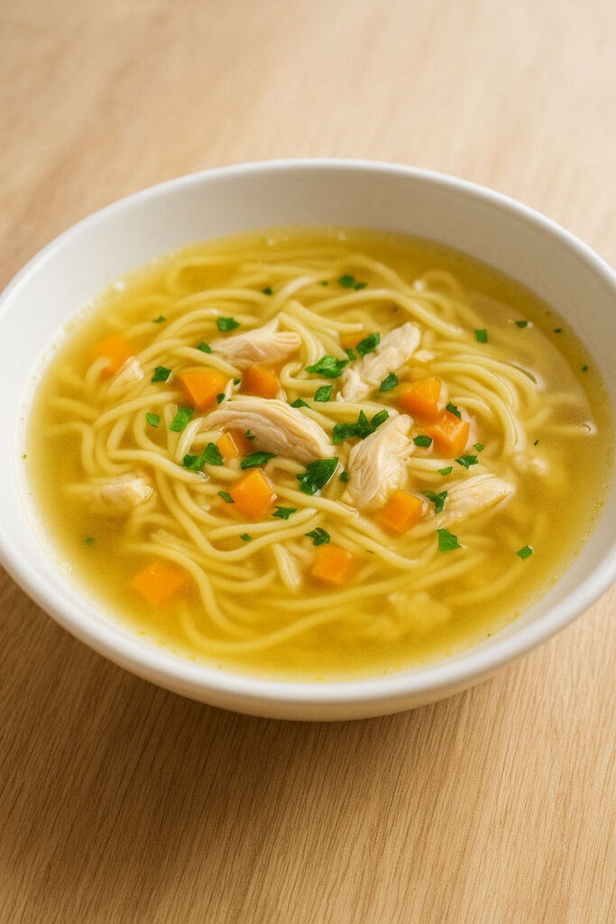 Sopa de fideos con pollo casera servida en plato blanco sobre mesa de madera clara