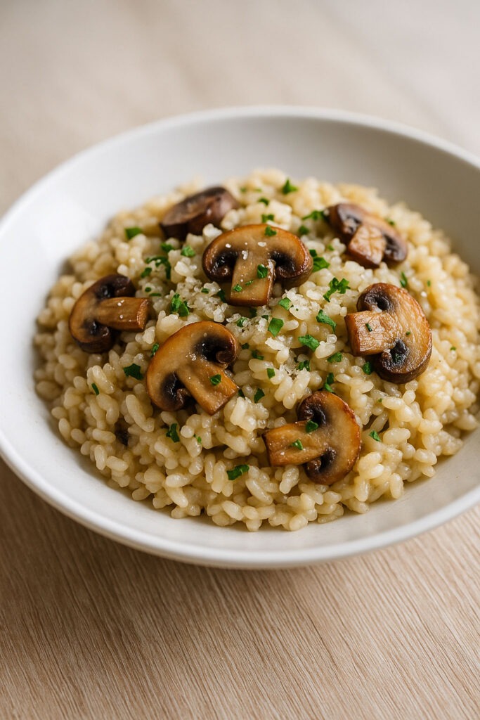 Risotto de champiñones cremoso servido en plato blanco sobre mesa de madera clara